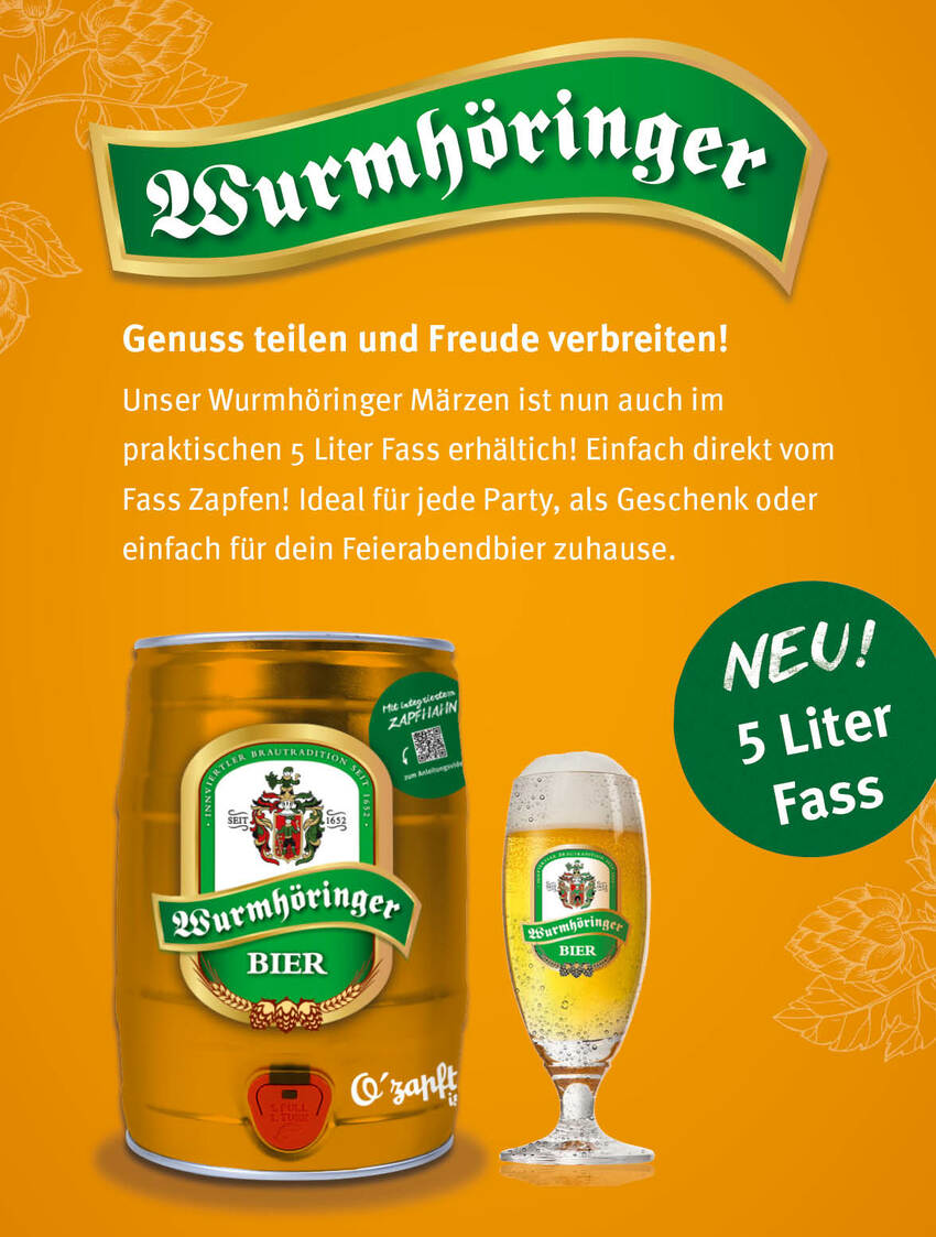 Wurmhöringer - Genuss teilen und Freue verbreiten! Unser Wurmhöringer Märzen ist nun auch im praktischen 5 Liter Fass erhältlich! Einfach direkt vom Fass Zapfen! Ideal für jede Party, als Geschenk oder einfach für dein Feierabendbier zuhause.