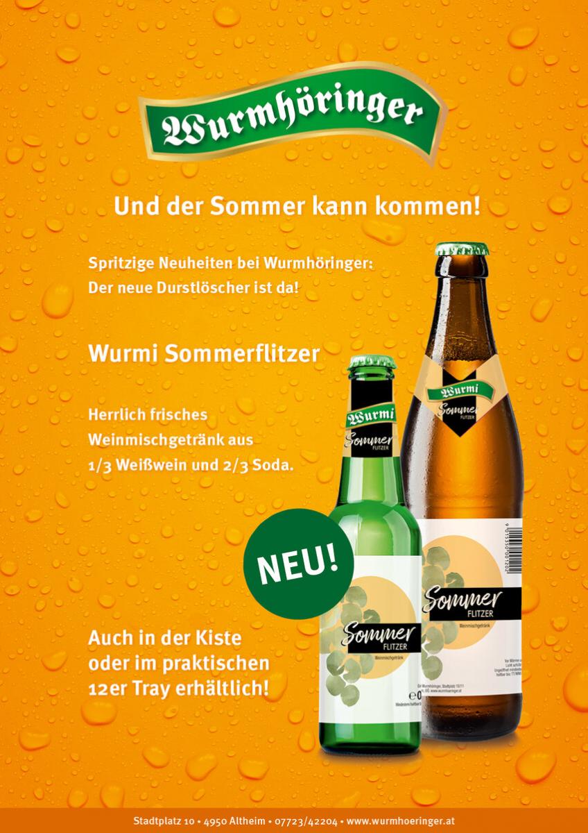 Wurmhöringer - Und der Sommer kann kommen! Spritzige Neuheiten bei Wurmhöringer: Der neue Durstlöscher ist da! Wurmi Sommerflitzer - Herrlich frisches Weinmischgetränkt aus 1/3 Weißwein und 2/3 Soda. NEU! Auch in der Kiste oder im praktischen 12er Tray erhältlich!